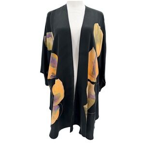 Vintage Silk Kimono Cover Up Black Yellow Open Front One Size Nature Hippie Boho